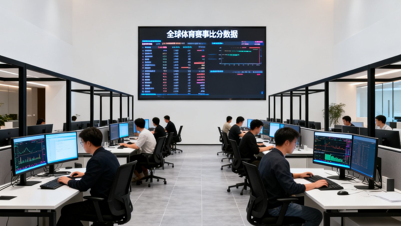 宽敞明亮的zoty中欧上海总部开放式办公区，数十名编辑和数据分析师在现代化工位上专注工作，墙面大屏实时滚动着全球体育赛事比分数据