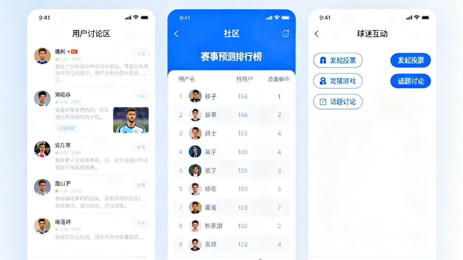 zoty中欧App社区板块界面截图，展示用户讨论区、赛事预测排行榜和球迷互动功能