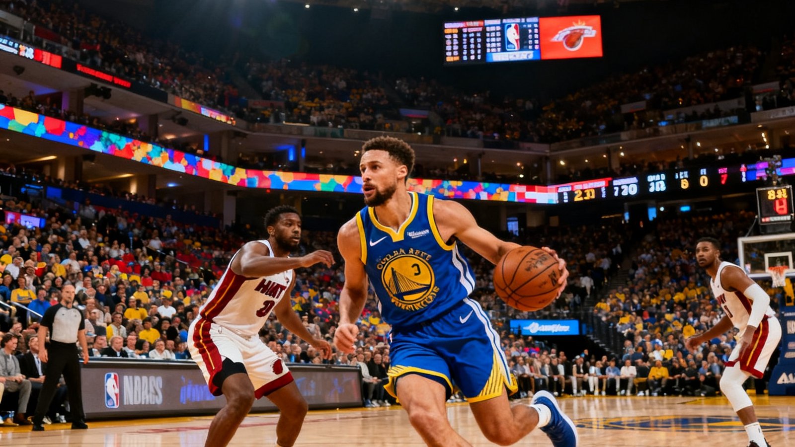 一场激烈的NBA常规赛现场，身穿蓝色球衣的控球后卫正在突破对方防线，背景是座无虚席的万人体育馆和闪烁的电子记分牌